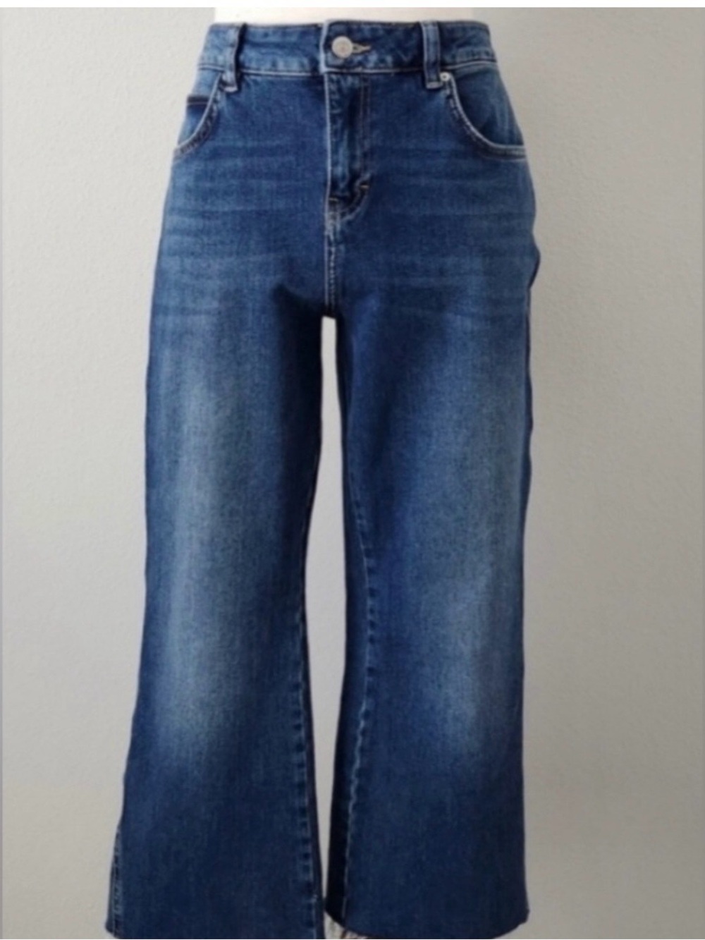 Free People Dark Blue Cropped Jeans with Raw Fray Hem